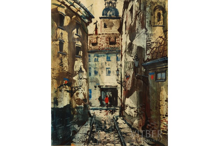 Бректе Янис (1920-1985), Улица Старой Риги, 1984 г., бумага, акварель, 33.5 x 27 см